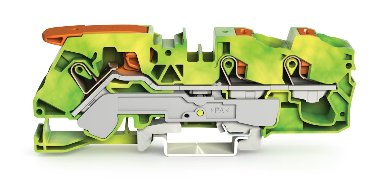 WAGO GROUND TERMINAL BLOCK,3COND LEVER,PUSHBUTTON,GREENYELLOW Row