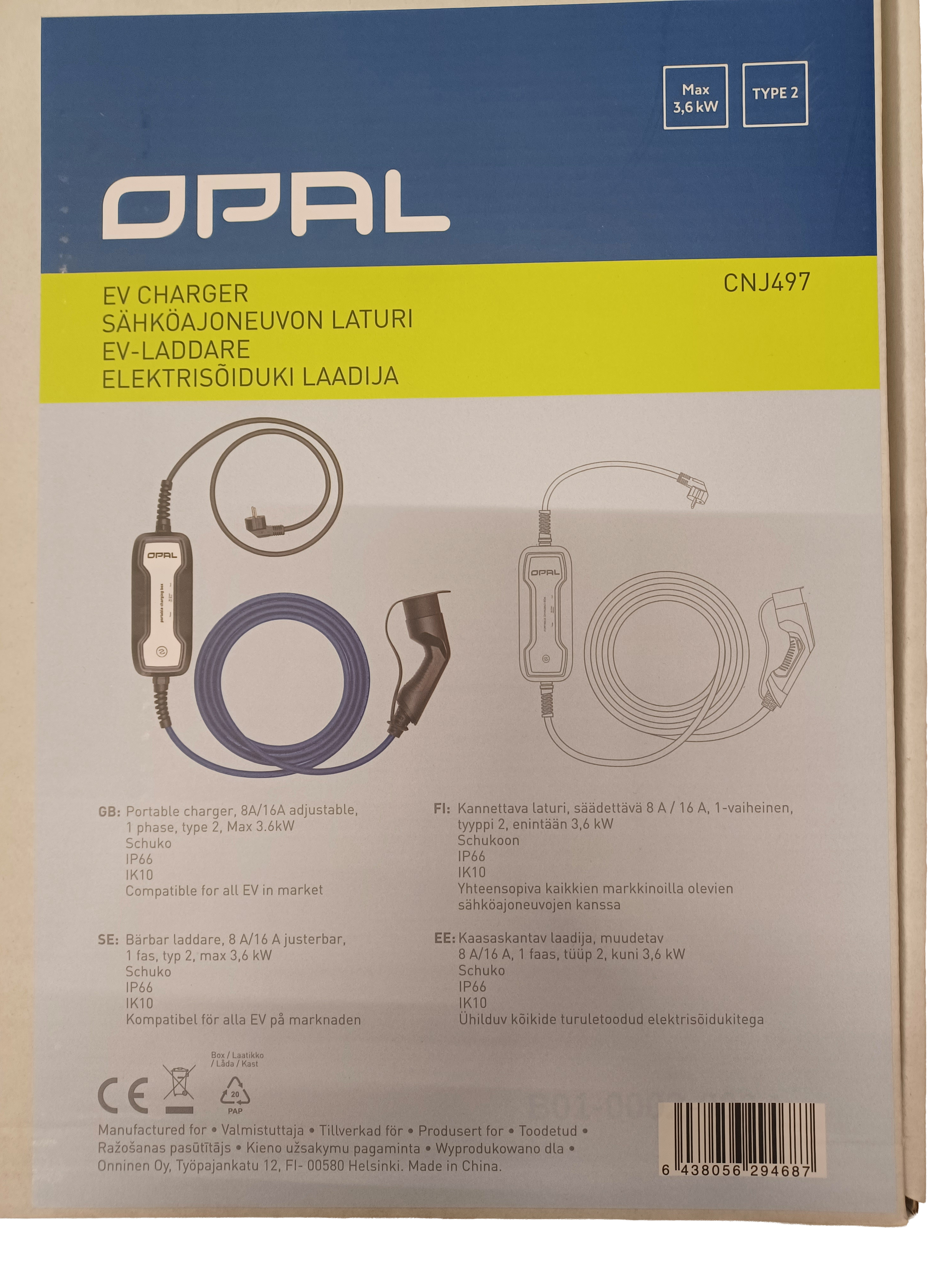 SÄHKÖAUTON LATAUSKAAPELI OPAL Schuko-Type2 8/16A 3,6kW SÄÄD