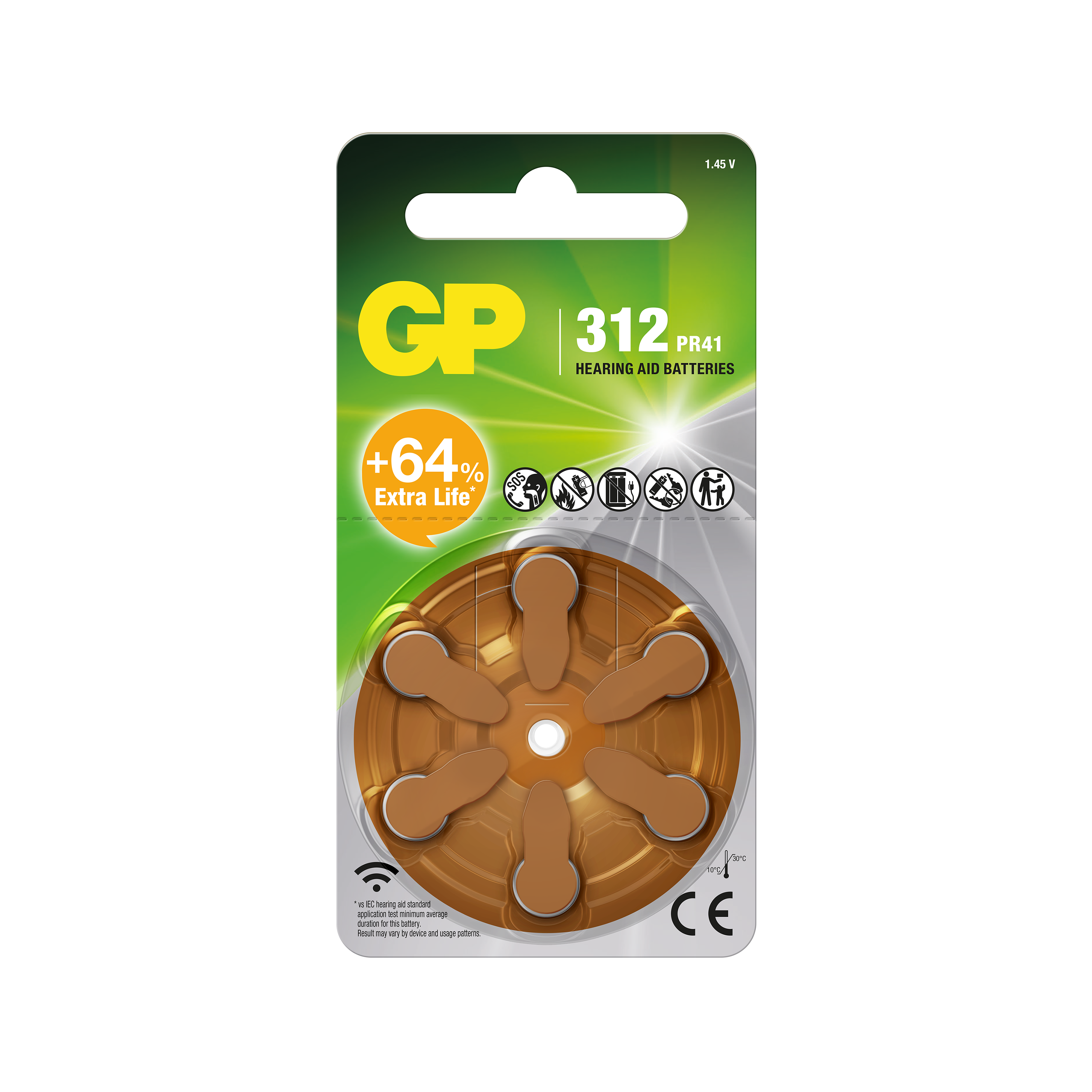 Høreapparatbatteri ZA312/AR41/PR41 6-pk