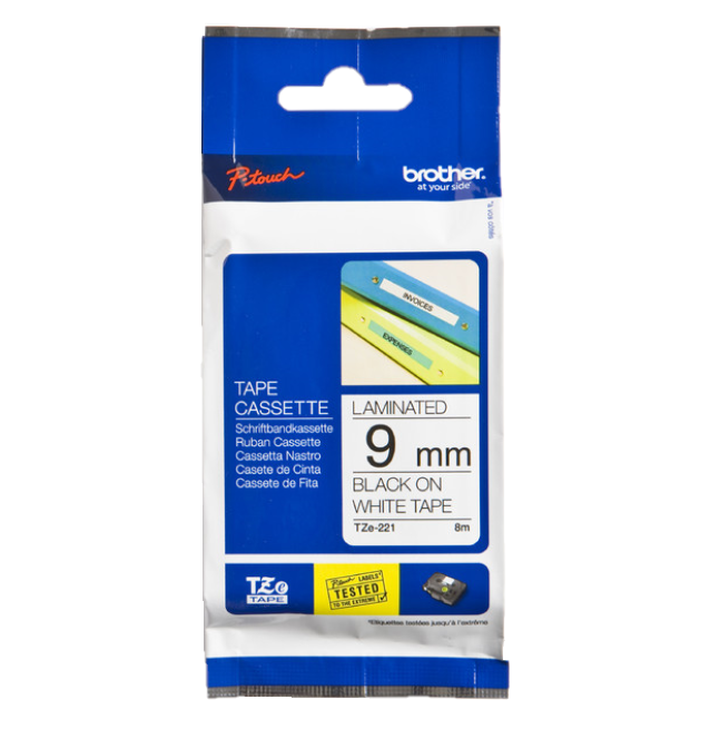LAMINATED TAPE TZE221 BLACK/WHITe 9mm/8m