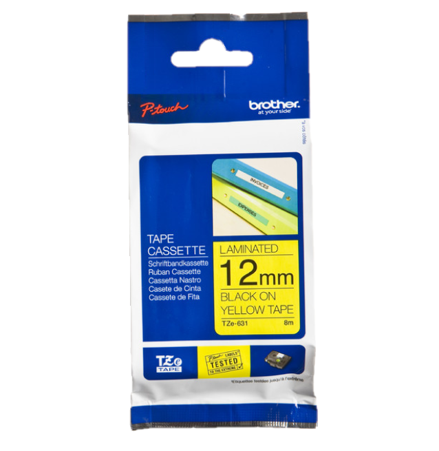 LAMINATED TAPE TZ-631, BLACK/YELLOW, 12MM/8M