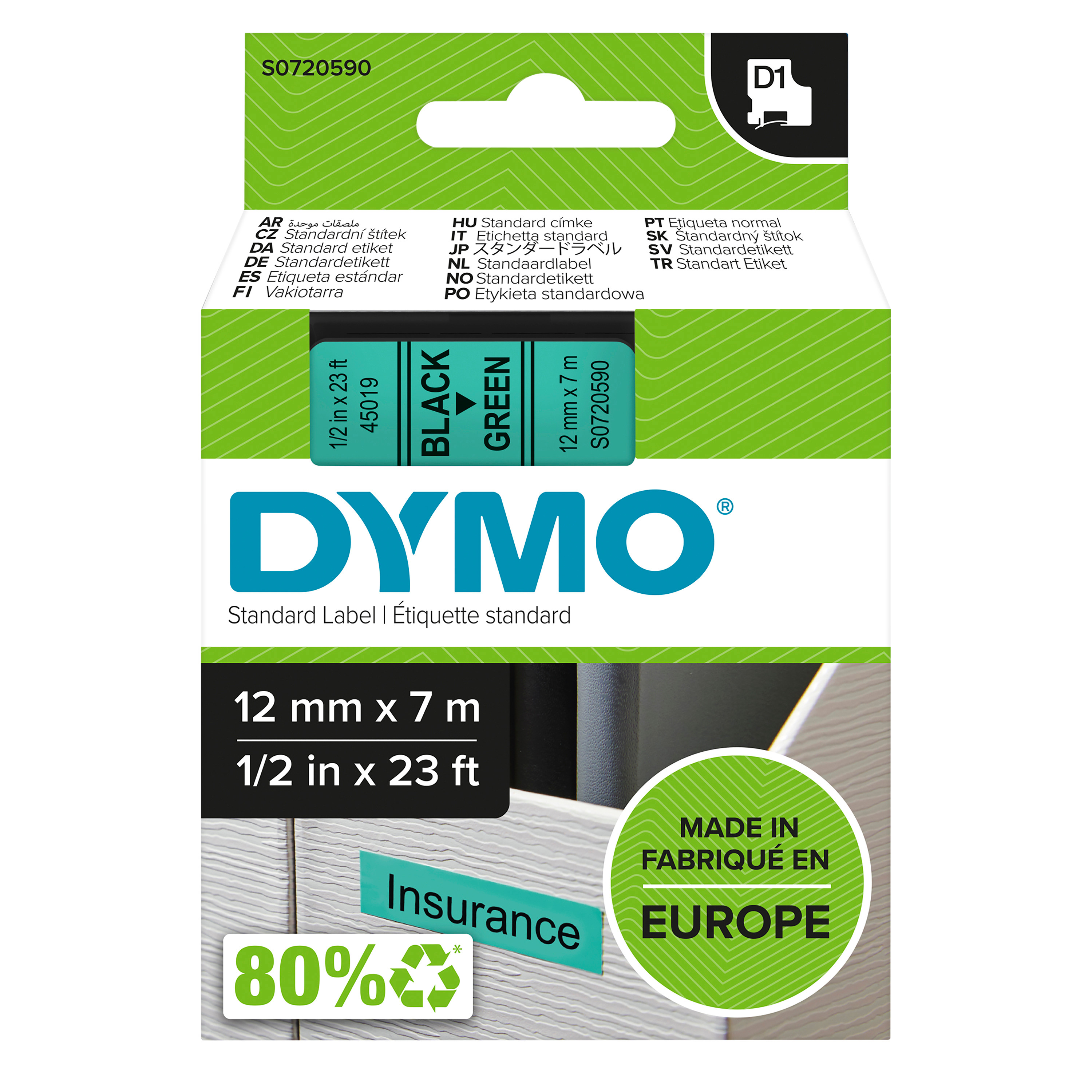 knudtzen Merketape d1 12mm sort/grønn rhino dymo