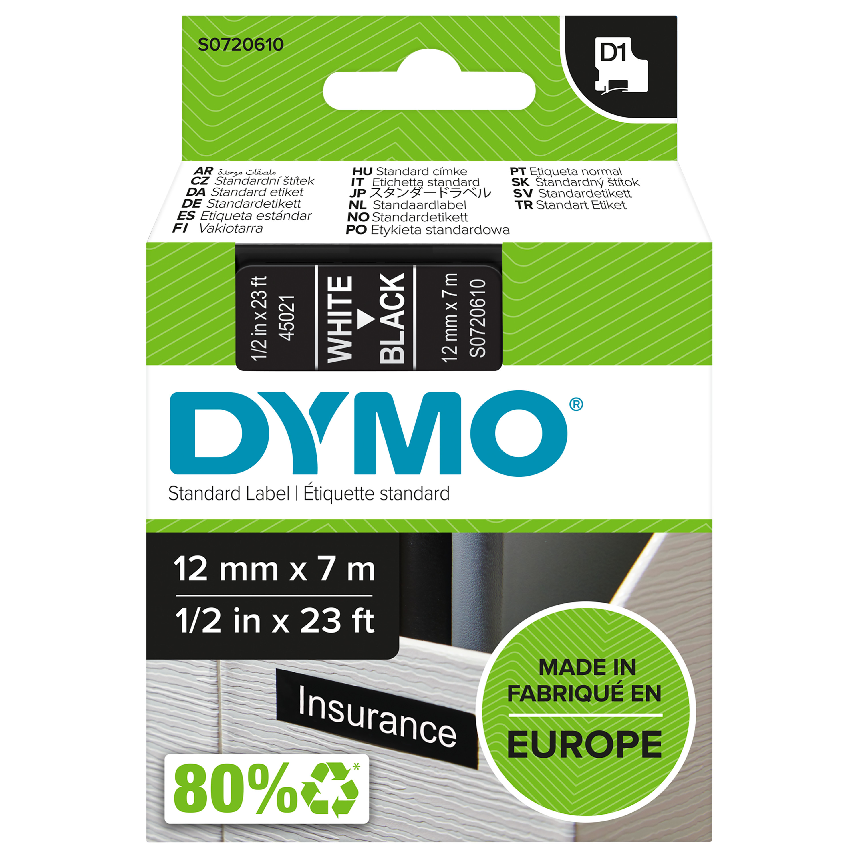 DYMOTAPE HVIT/SORT 12MM