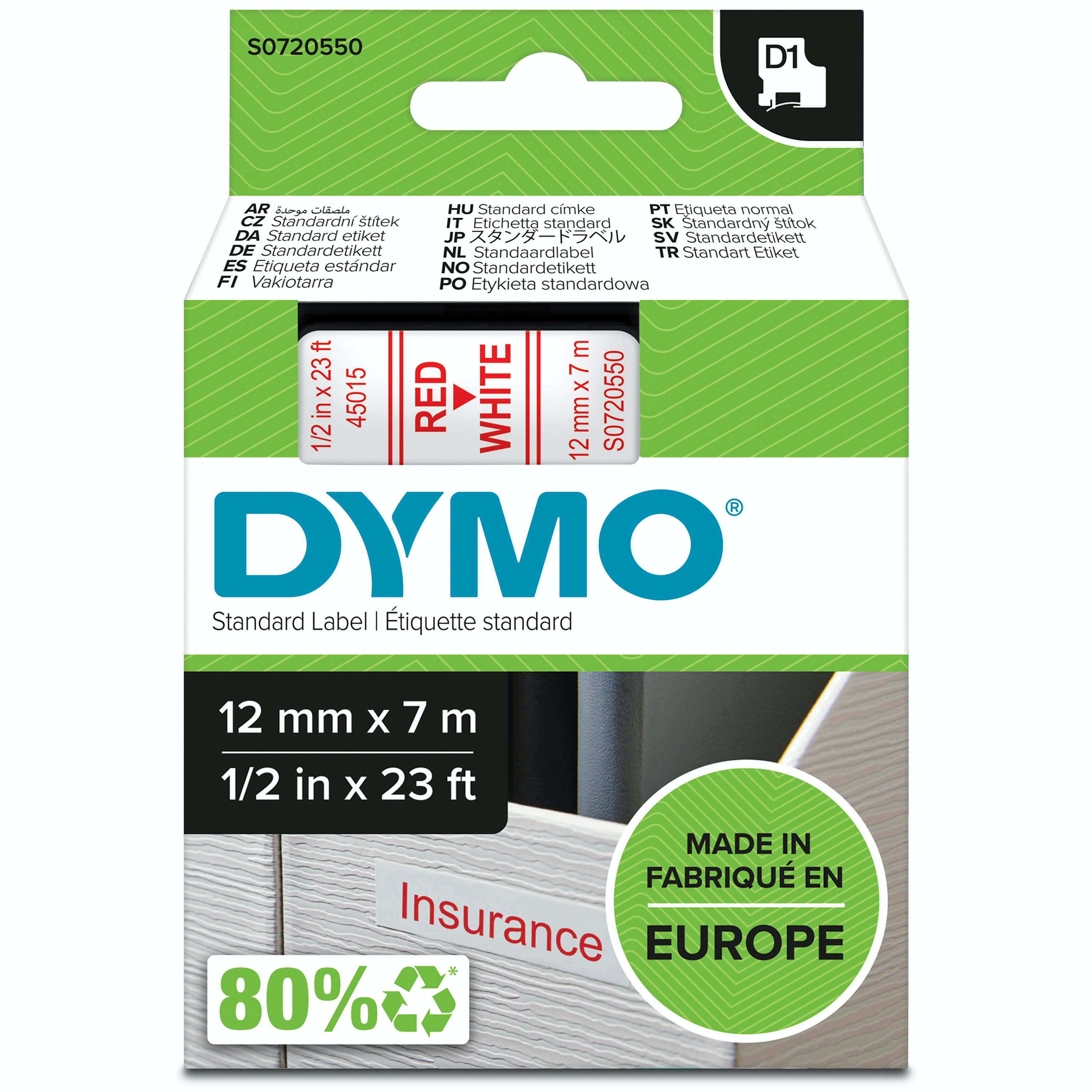 DYMO TAPE 12MM RØD PÅ HVIT