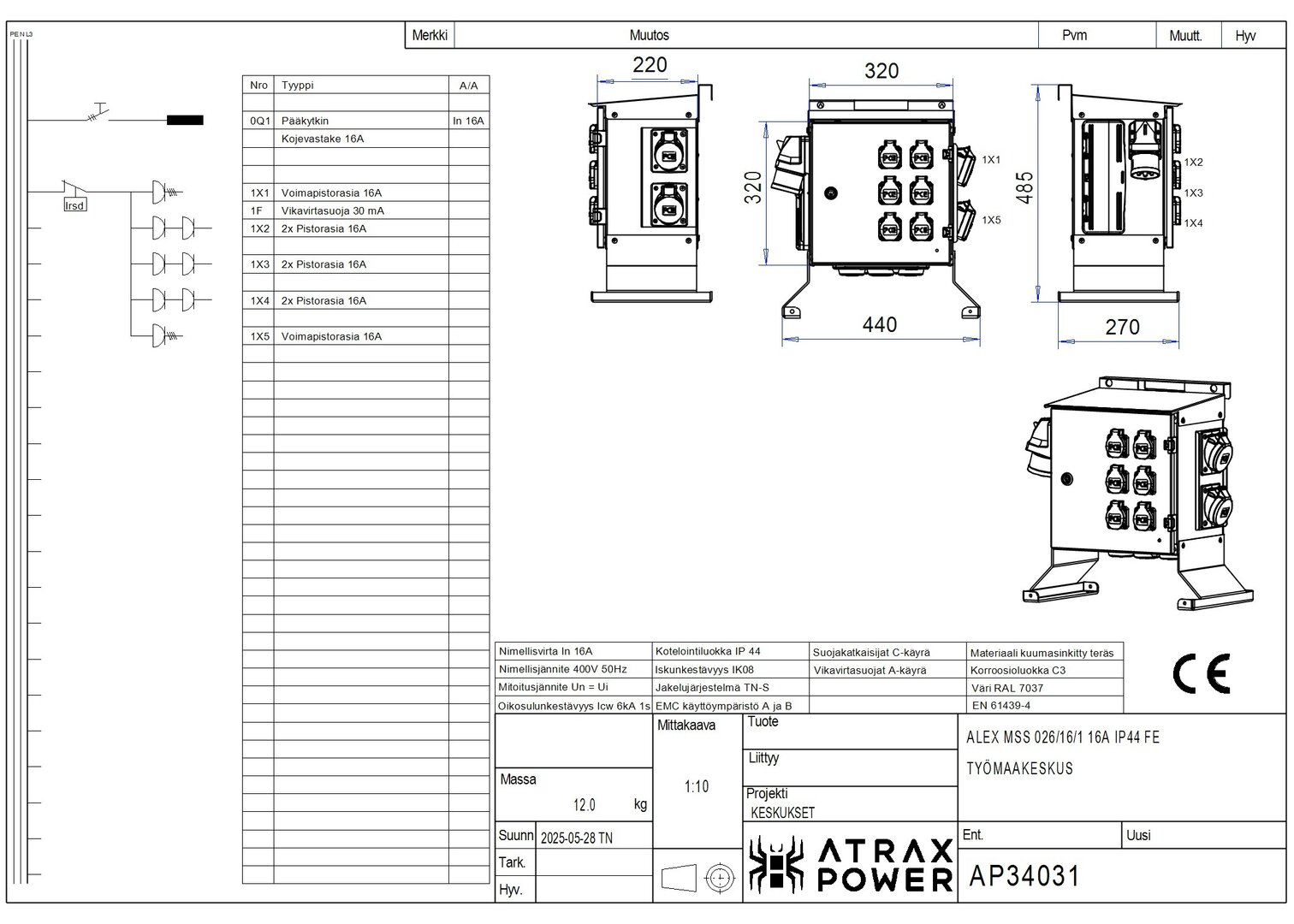 atrax power Työmaakeskus alex mss 026/16/1 16a ip44 fe