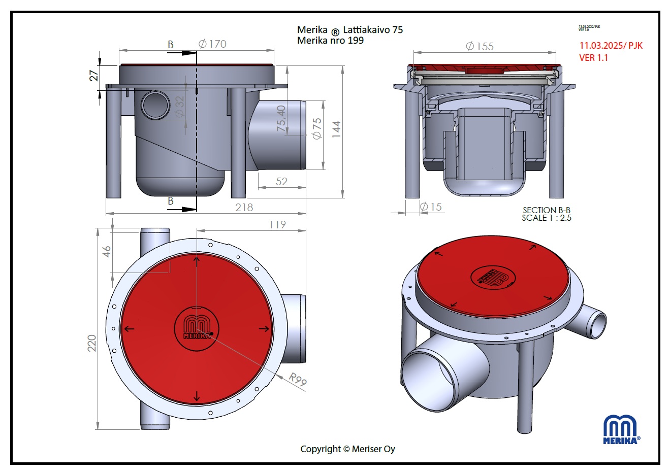 merika Floor drain merika 75mm horizontal