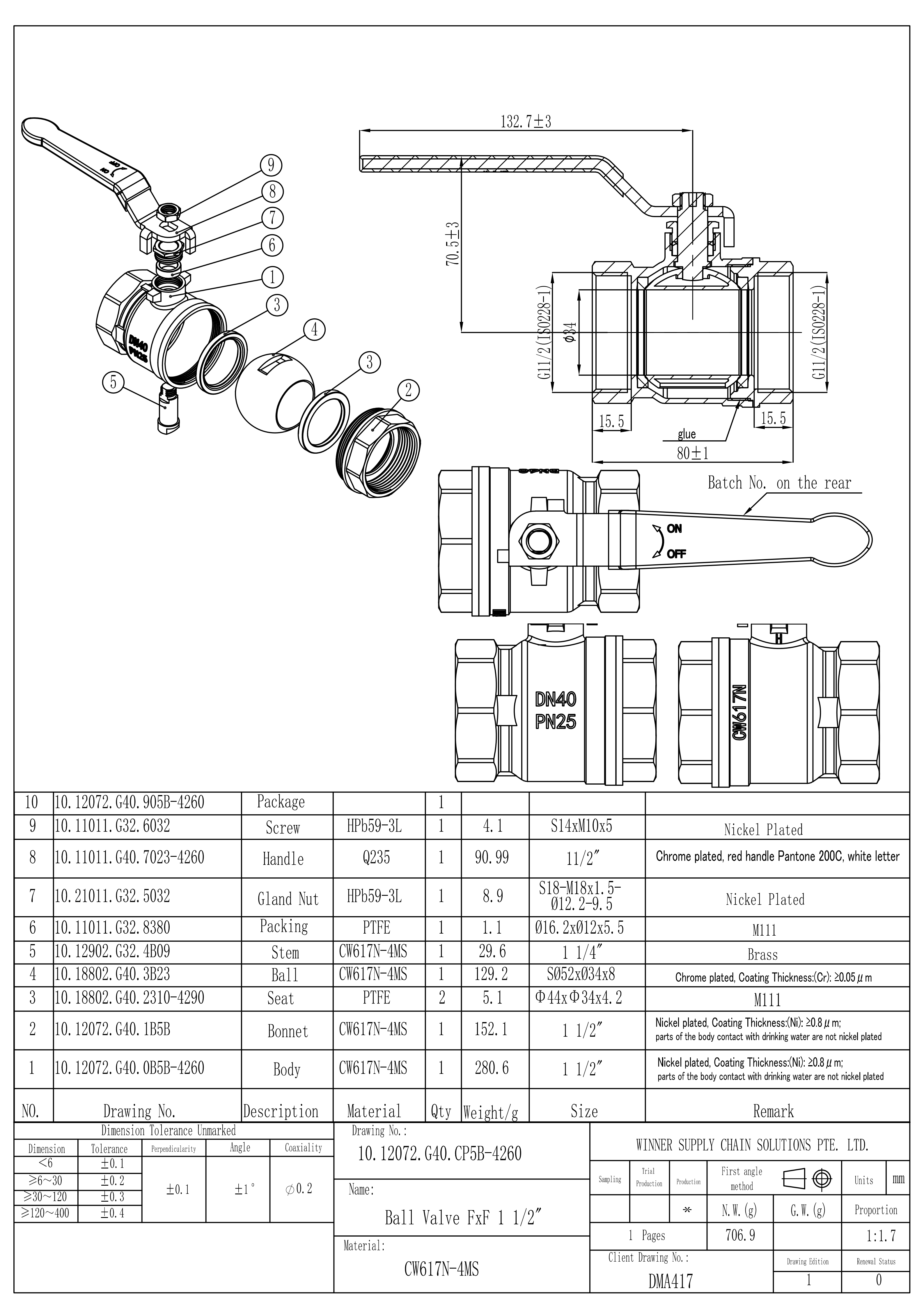 undefined Kuulkraan messing nikkel 1"1/2 s/s pn25