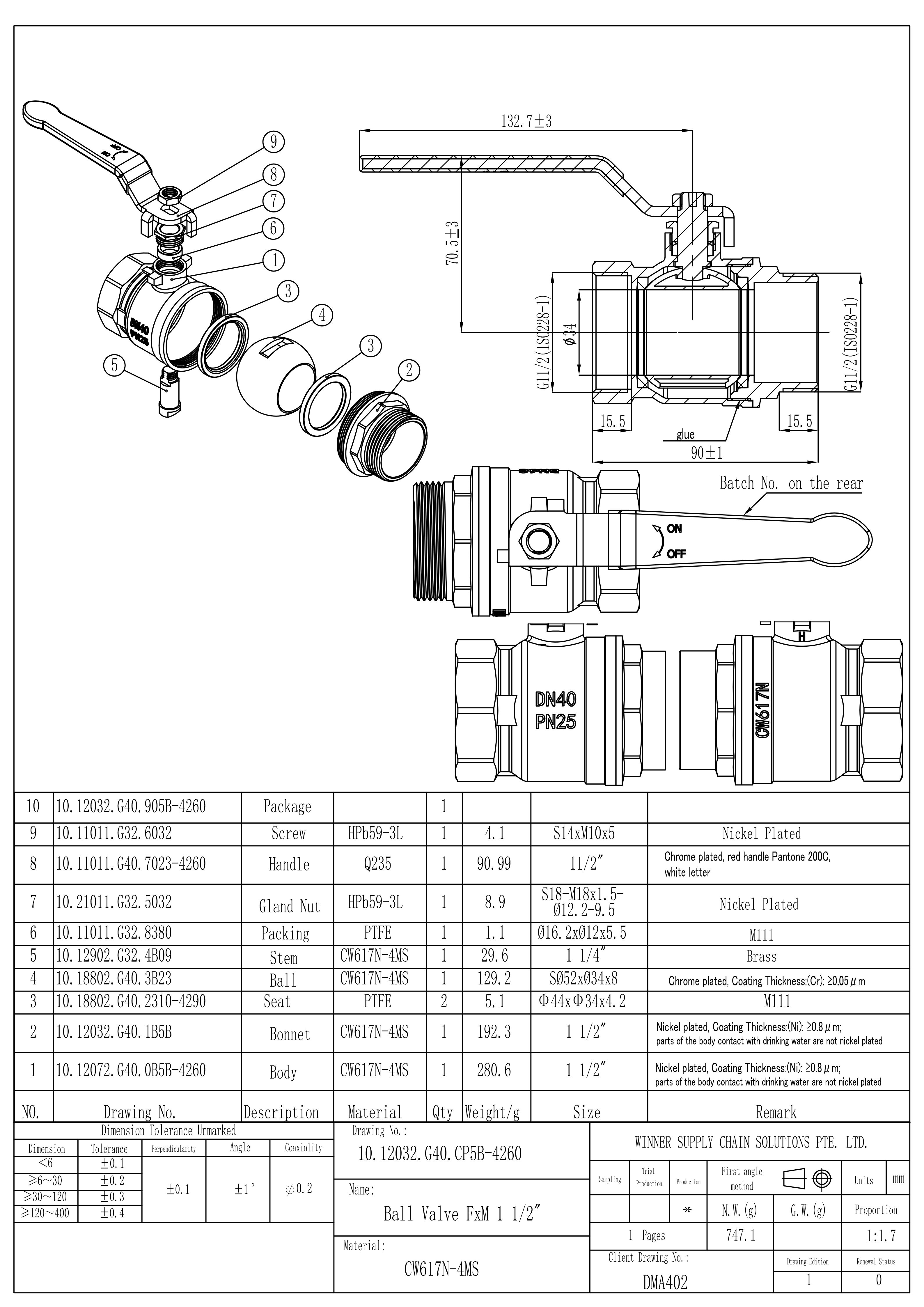 undefined Kuulkraan messing nikkel 1"1/2 s/v pn25