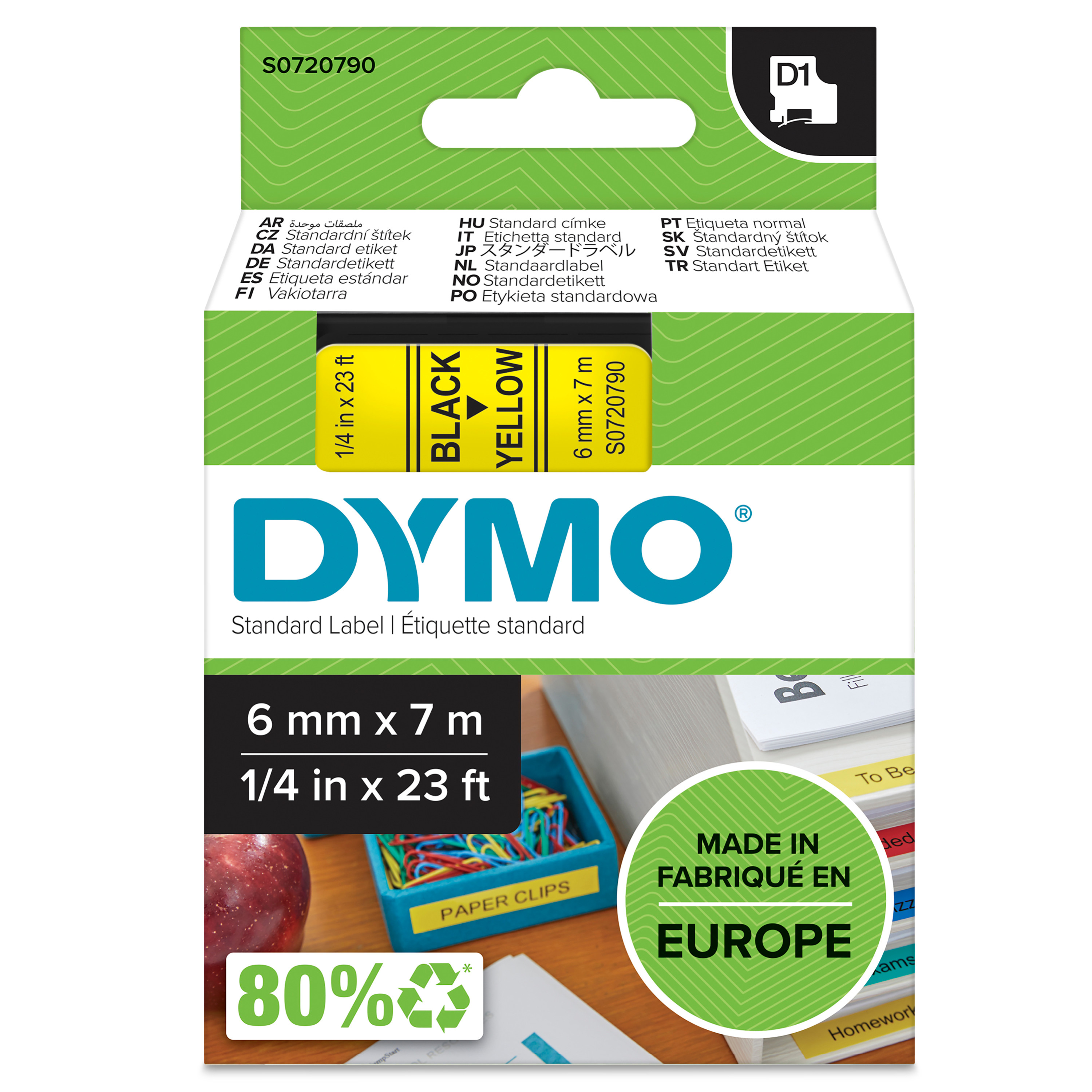 DYMO D1 Tape 6mm Bk/Yl DY D1 6MMX7M BLK/YLW TAPE EU
