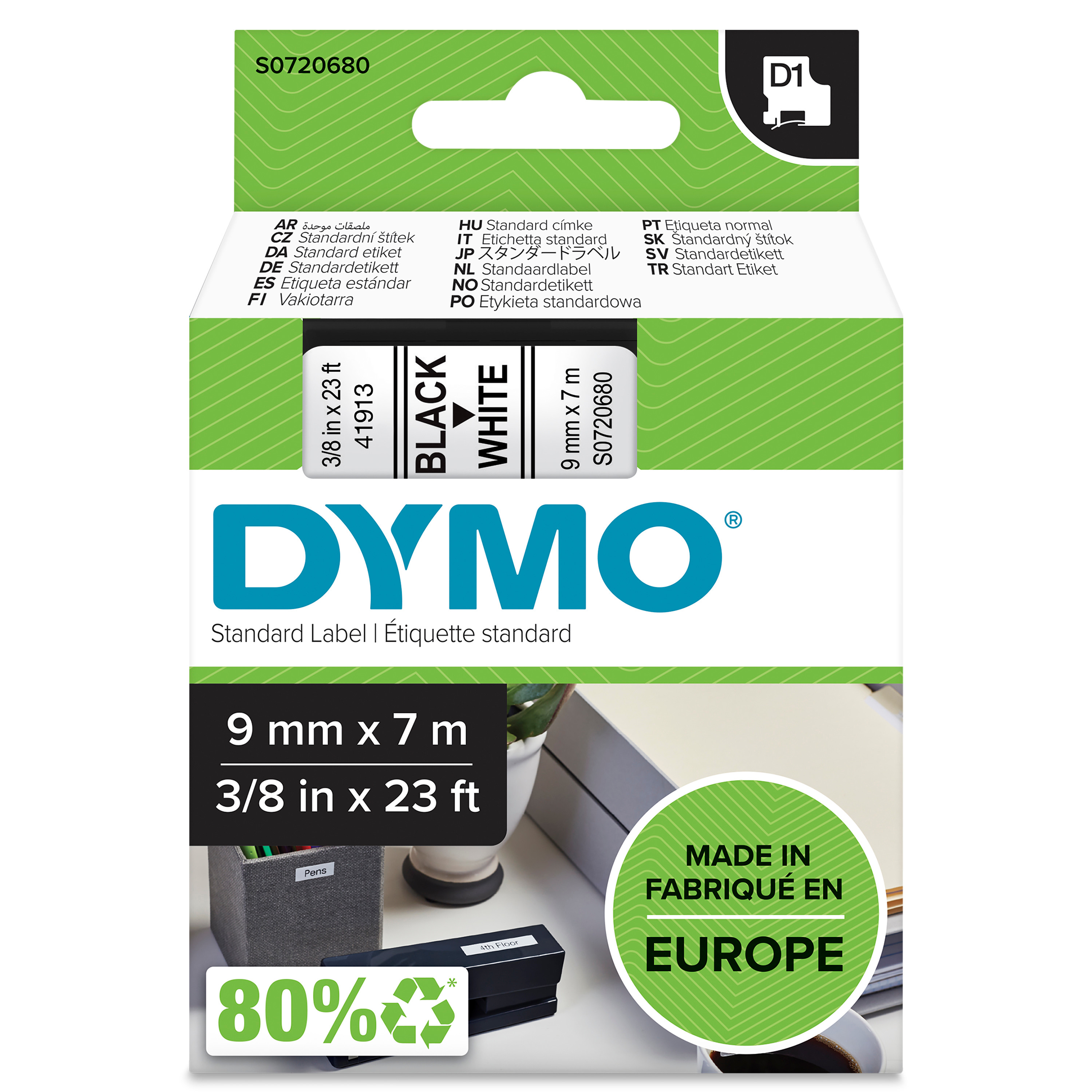 DYMO D1 Tape 9mm Bk/Wt DY D1 9MMX7M BLK/WHT TAPE EU