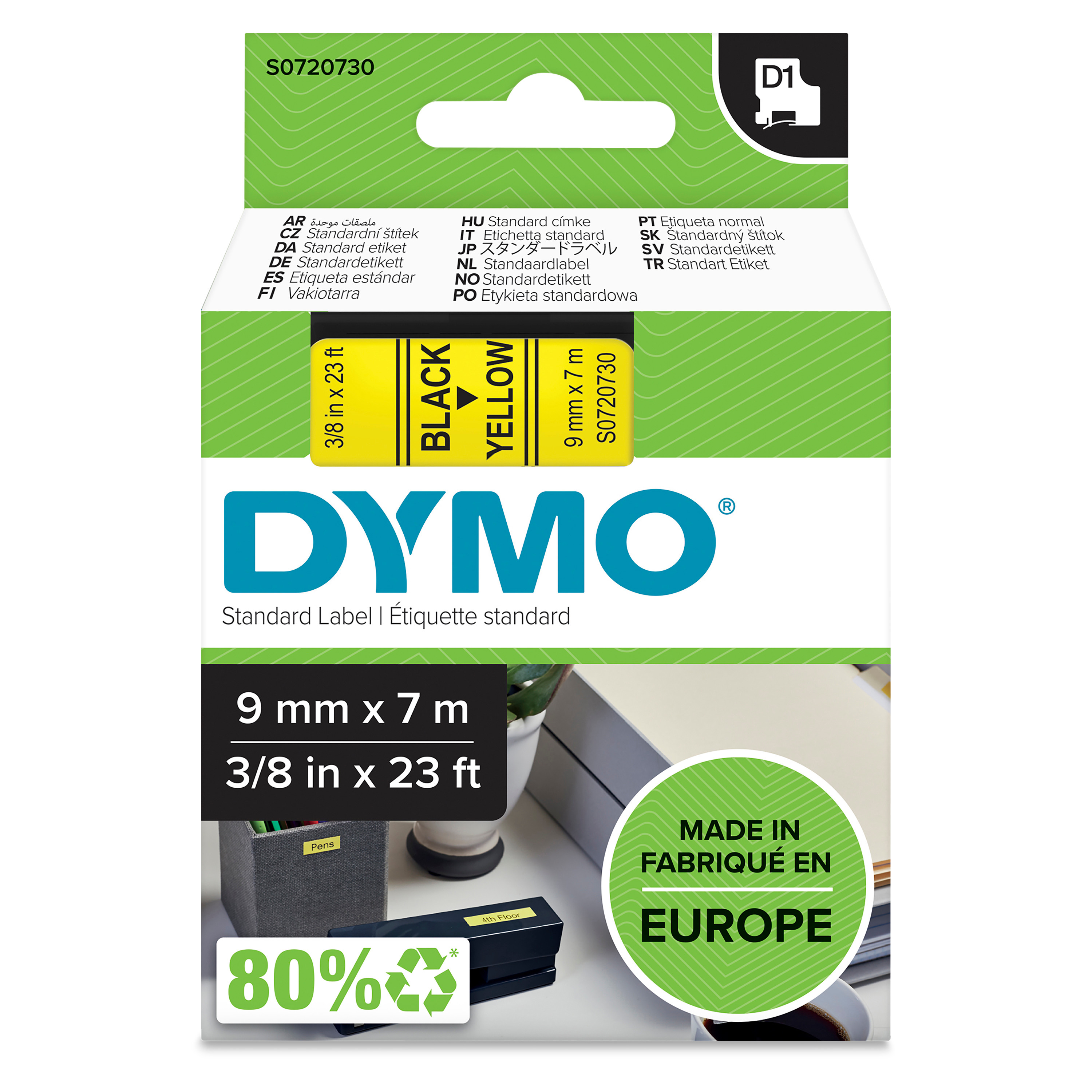 DYMO D1 Tape 9mm Bk/Yl DY D1 9MMX7M BLK/YLW TAPE EU