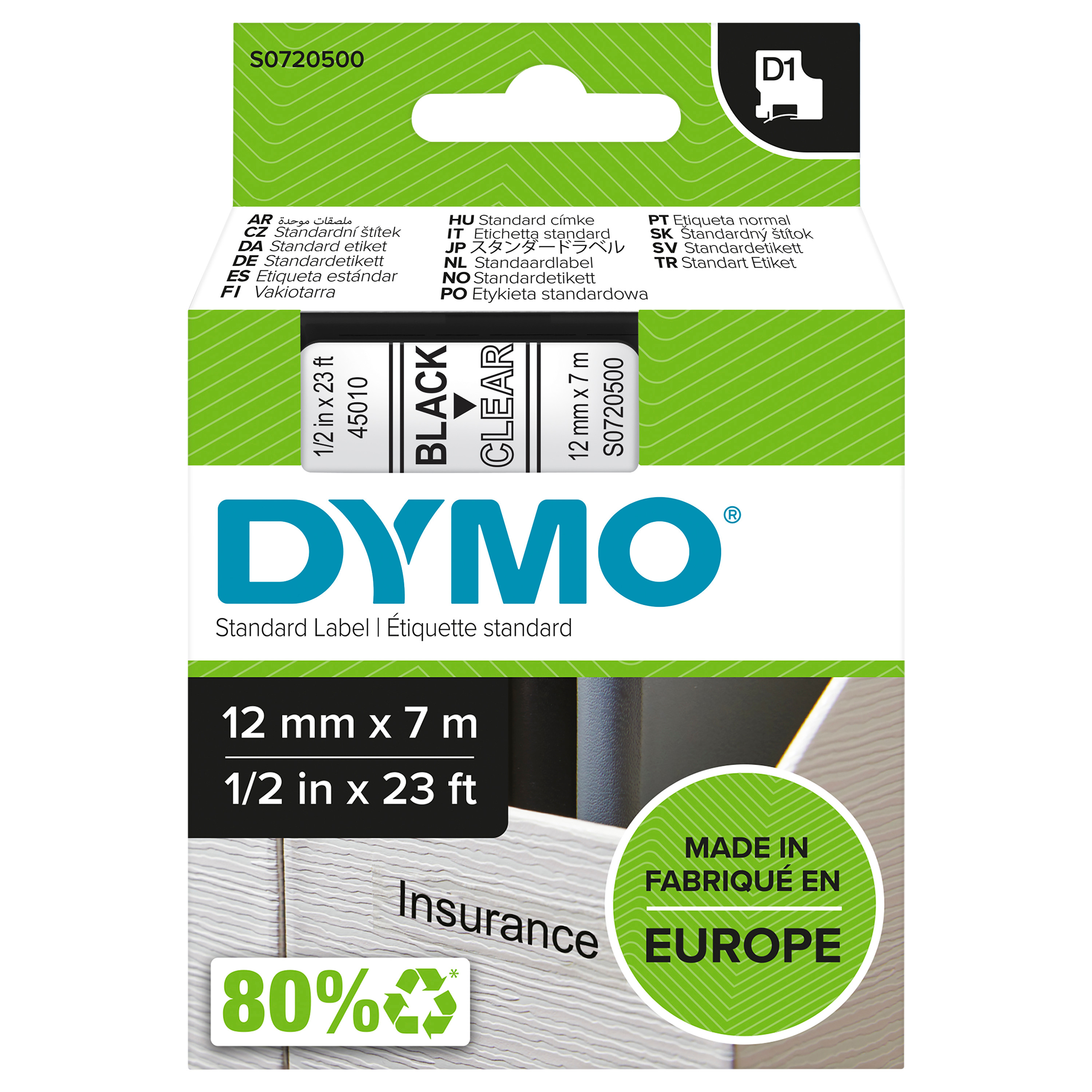 DYMO D1 Tape 12mm Bk/Clr DY D1 12MMX7M BKL/CLR TAPE EU