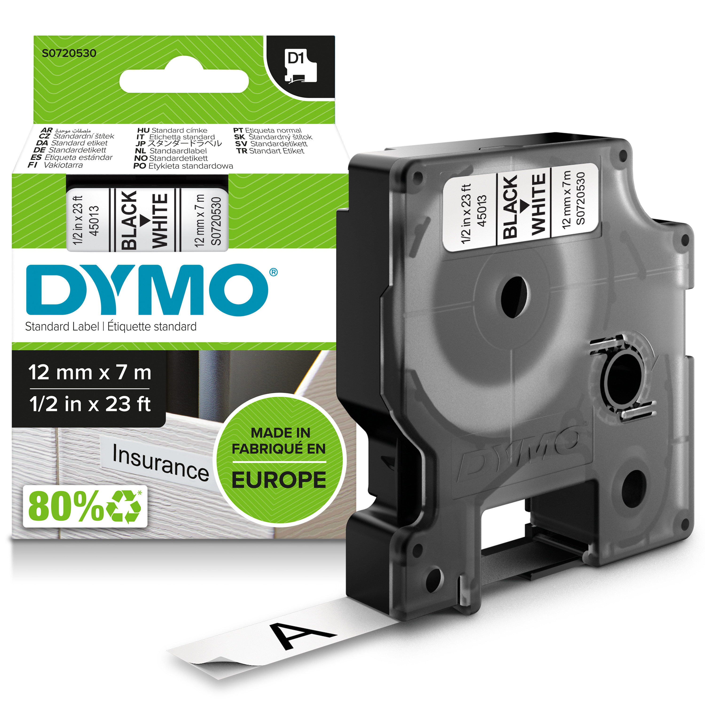 DYMO D1 Tape 12mm Bk/Wt DY D1 12MMX7M BLK/WHT TAPE EU