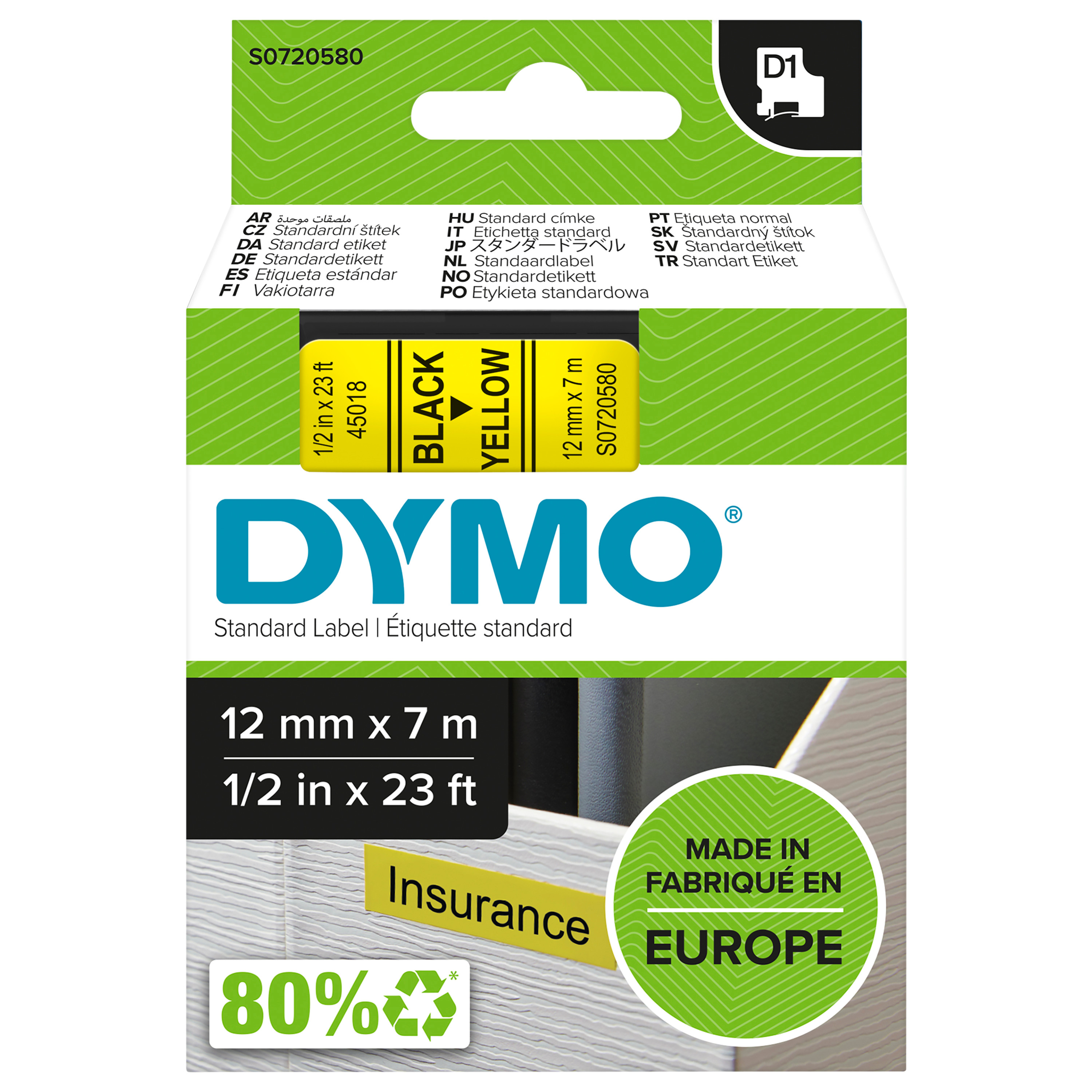 DYMO D1 Tejp 12mm Sv/Gul D1 12mm svart/gul EU