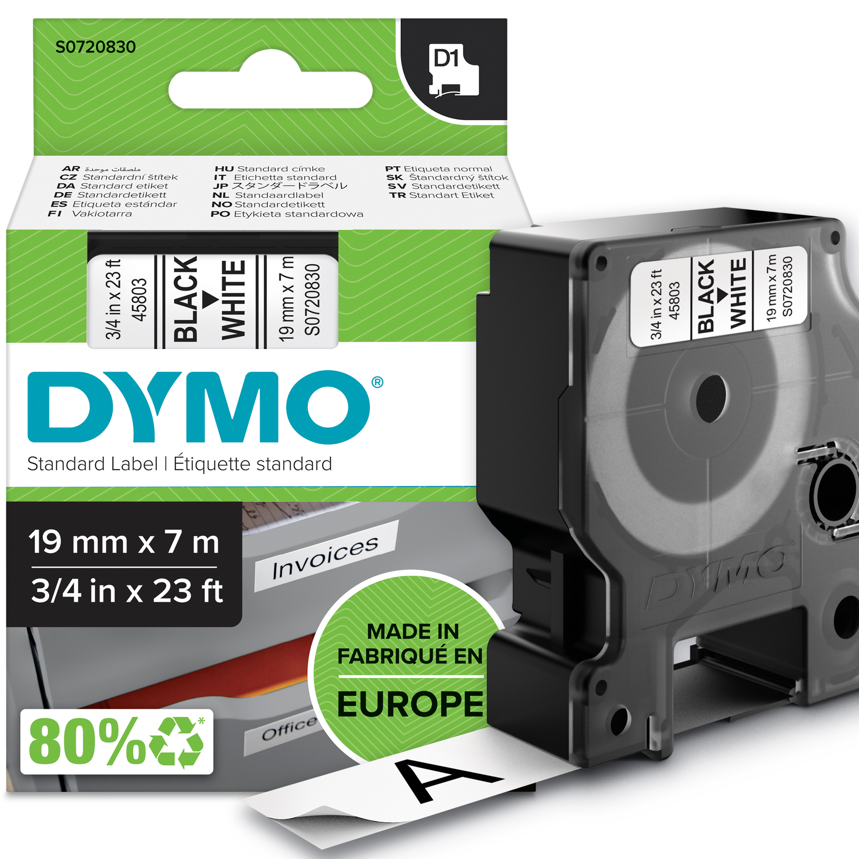 DYMO D1 Tejp 19mm Sv/Vit D1 19mm svart/vit EU