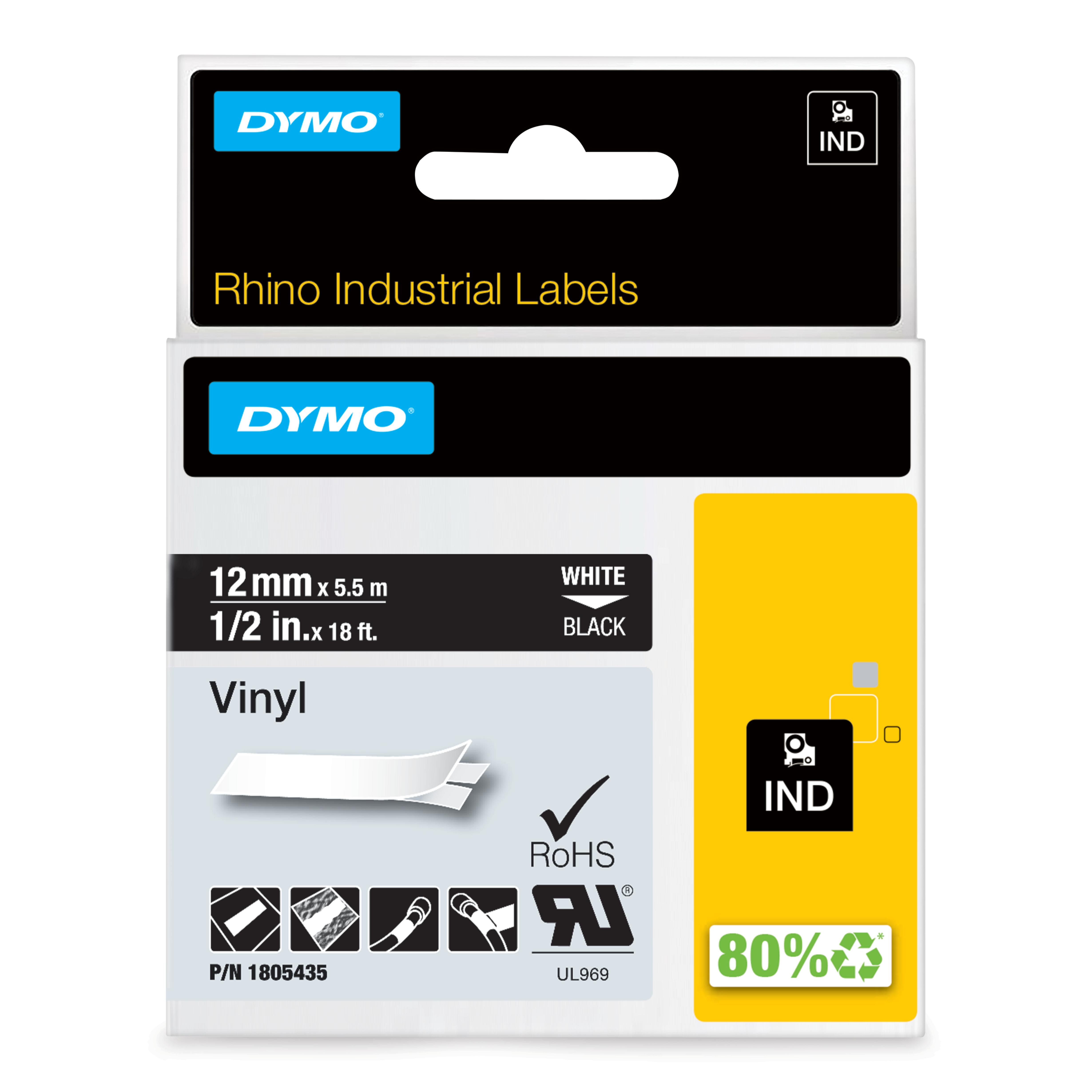dymo Dymo rhino vinyl 12mm vit/sv rh 12mm svart vinyl