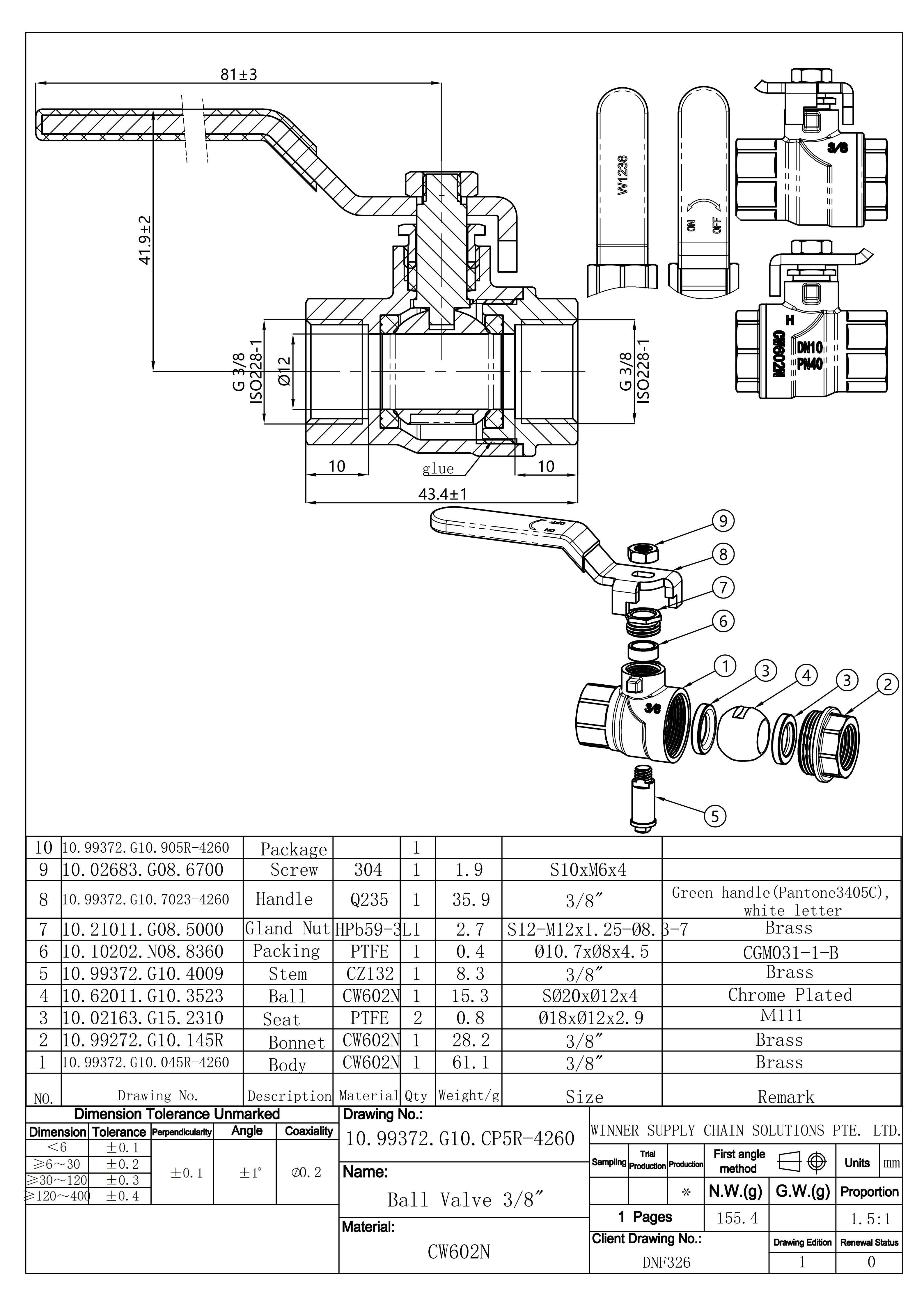 undefined Kuulkraan erimessing 3/8" s/s pn40