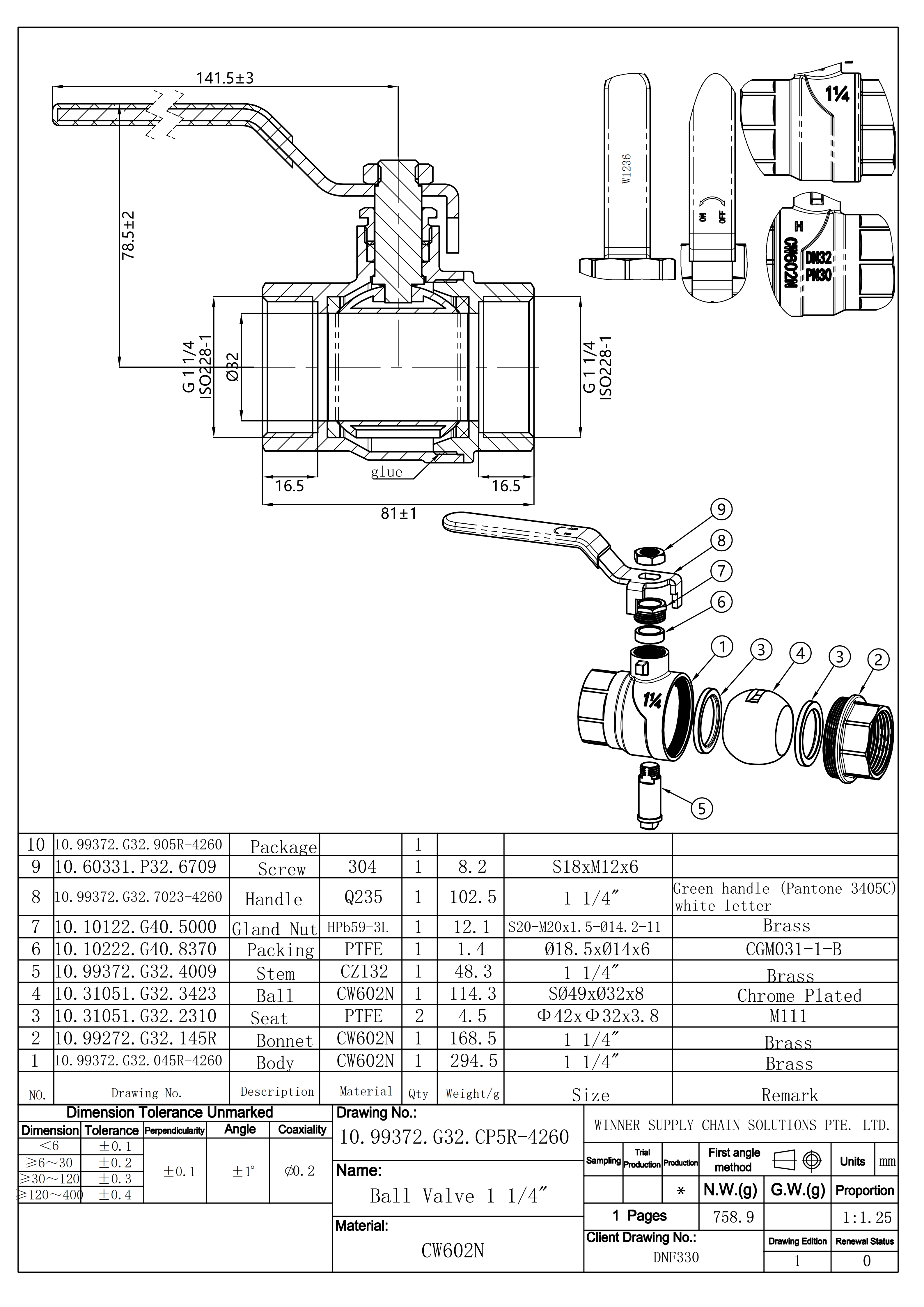 undefined Kuulkraan erimessing 1 1/4" s/s pn30