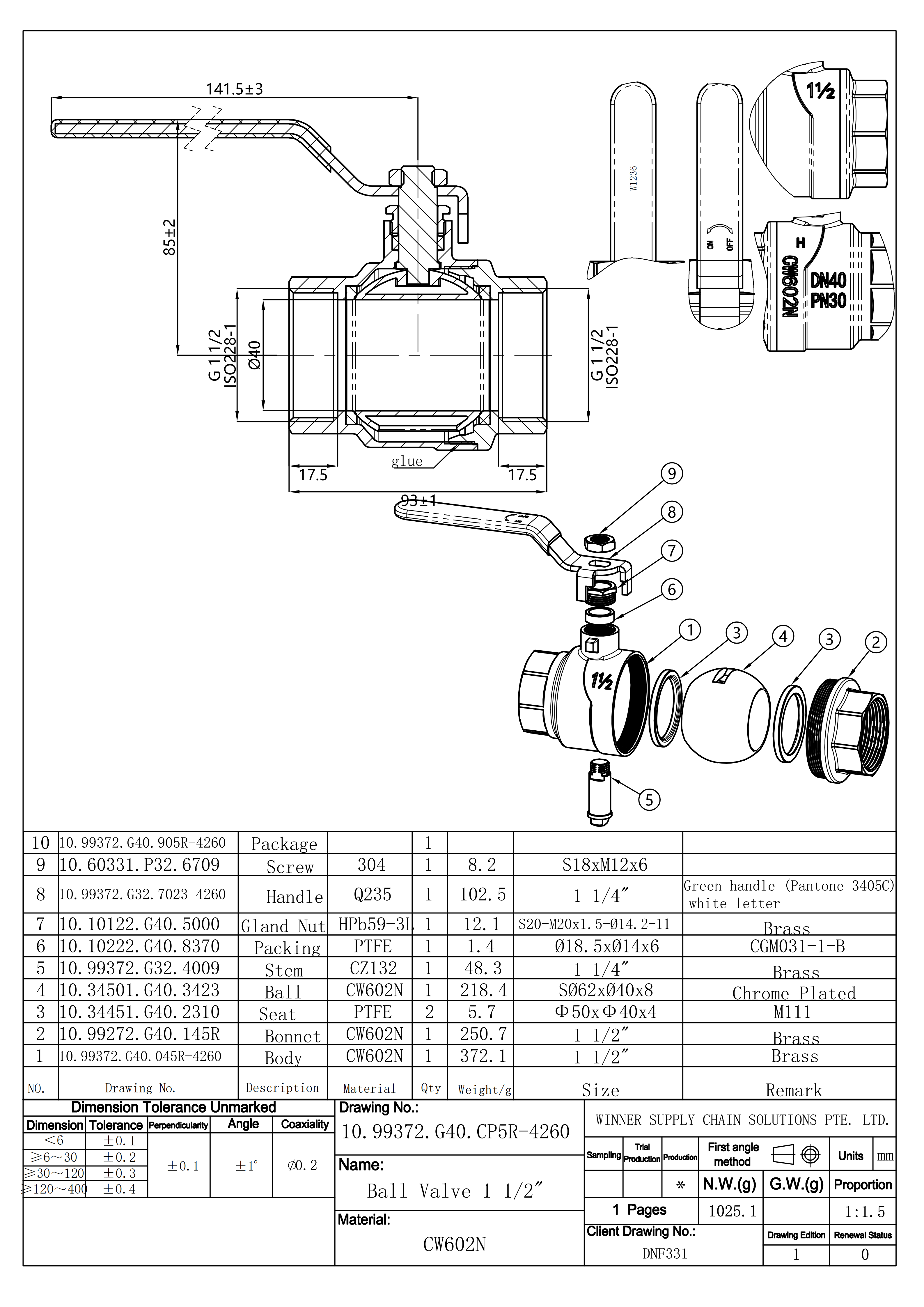 undefined Kuulkraan erimessing 1 1/2" s/s pn30