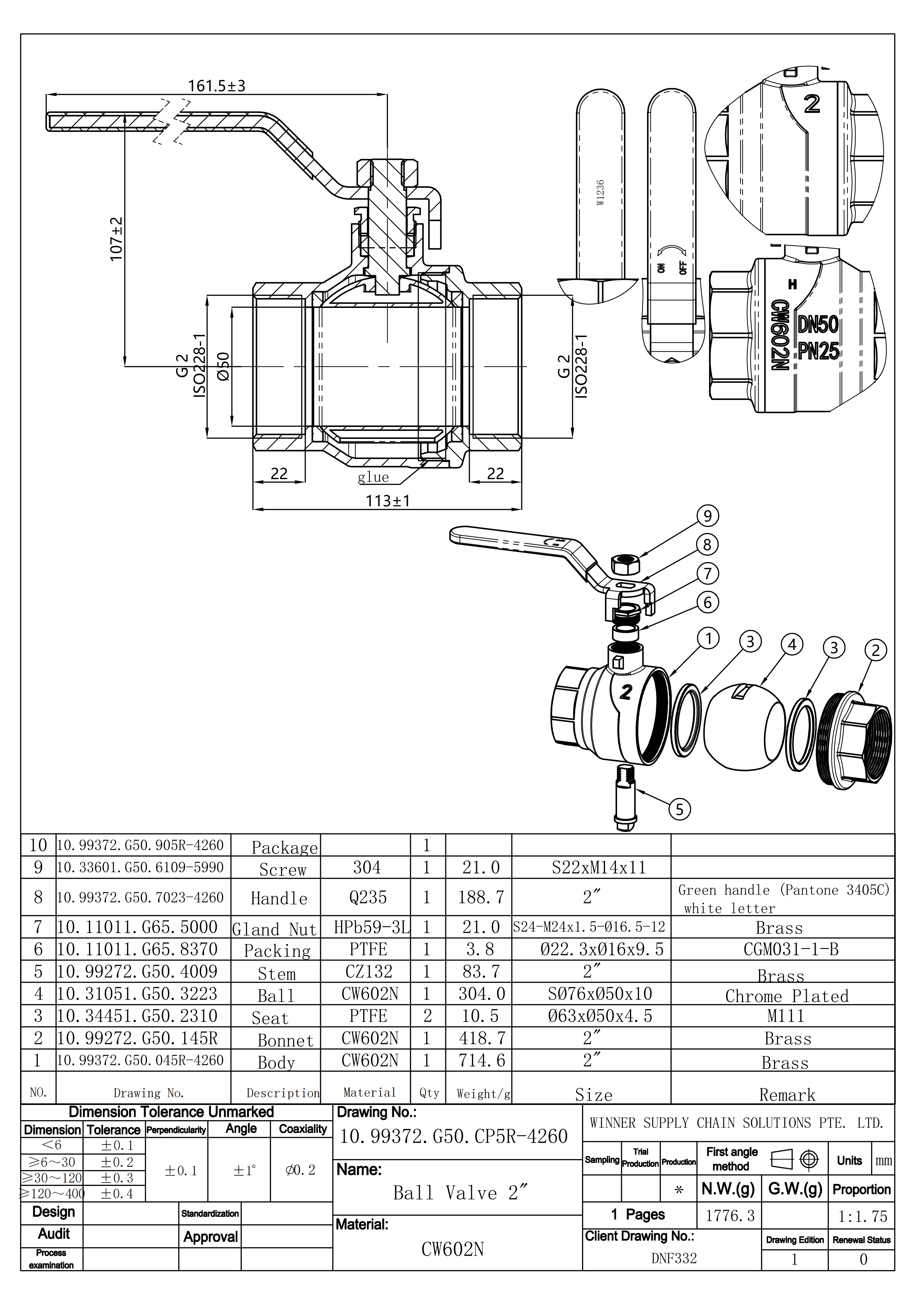 undefined Kuulkraan erimessing 2" s/s pn25