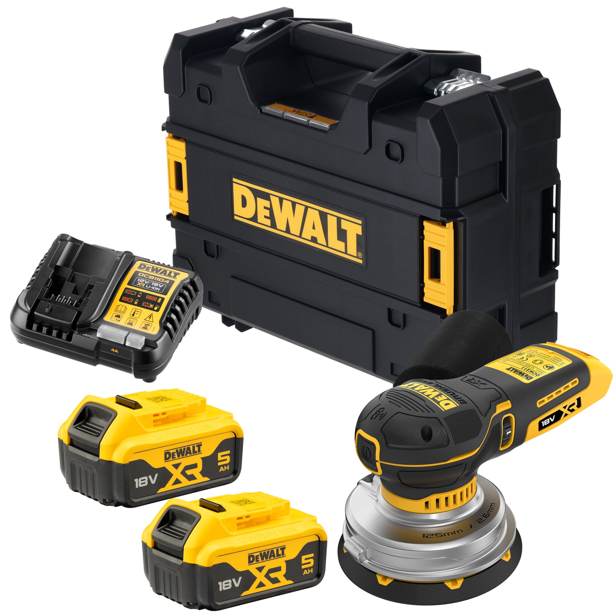 AKKUEPÄKESKOHIOMAKONE DEWALT 18V XR 125MM WTC 2X5,0AH