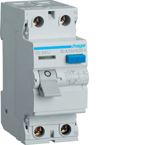 hager Srovės nuotėkio relė cd241j 2p 40a 30ma 230v ac