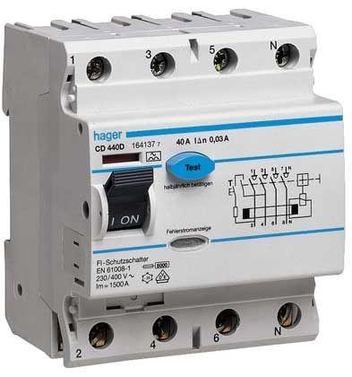 hager Srovės nuotėkio relė cd464j 4p 63a 30ma 380v ac