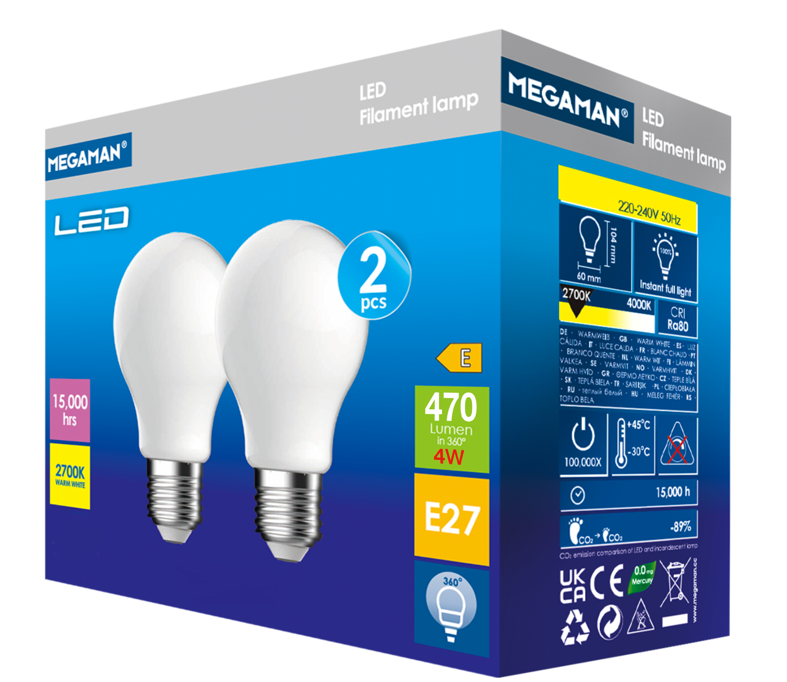 LED Classic A60 E27 827 4W 470 lm 2-pack