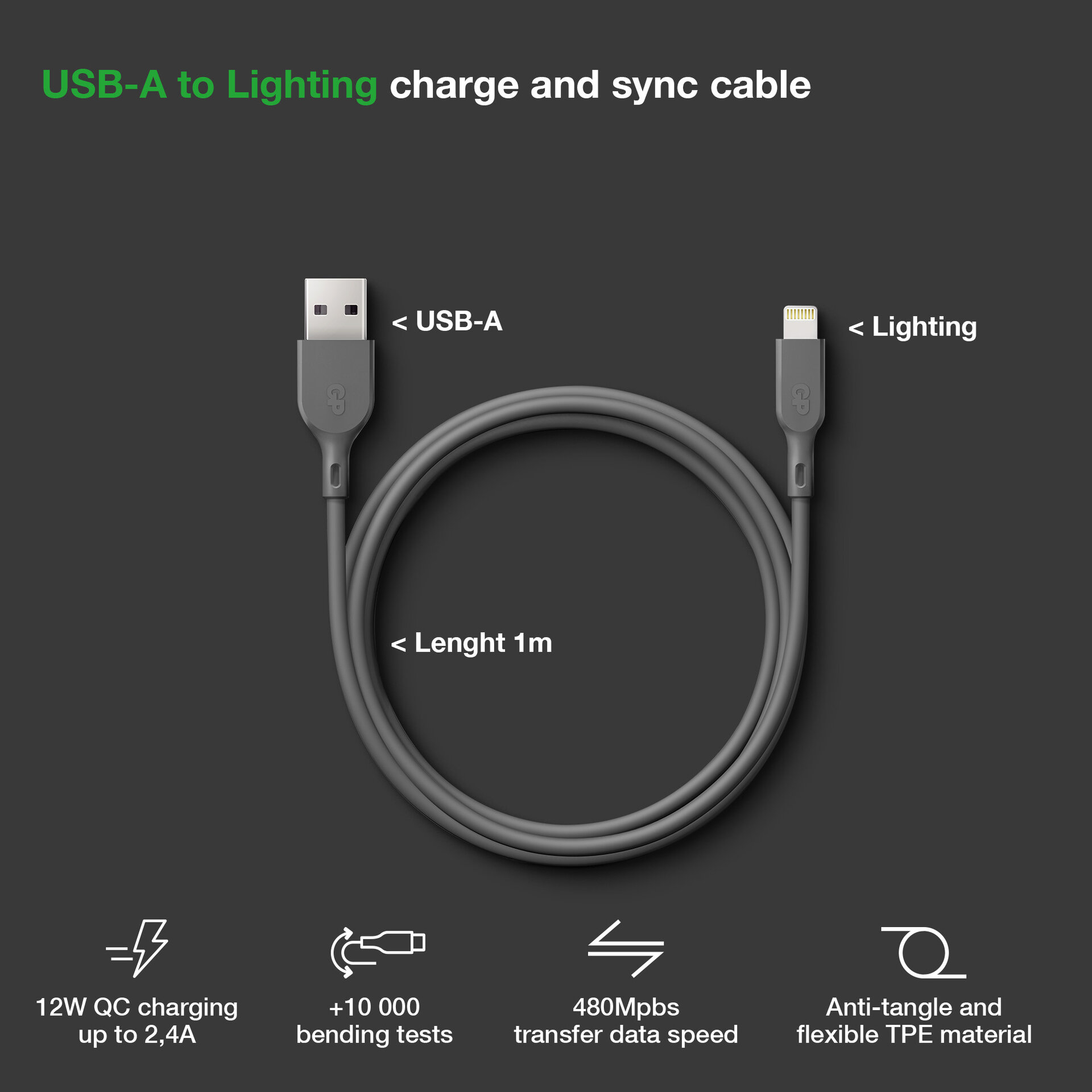 gp Usb-kabel a till lightn. cl1n 12w mfi 1m