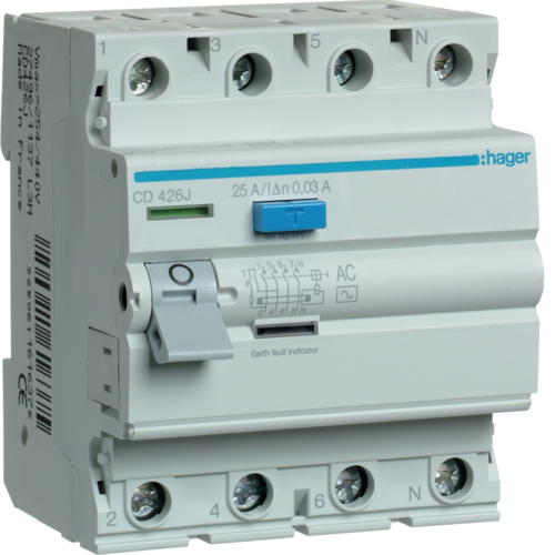 hager Srovės nuotėkio relė cd426j 4p 25a 30ma 380v ac