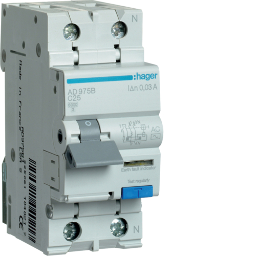 hager Srovės nuotekio rėlė ad975b su jungikliu c25 a 6ka 30ma