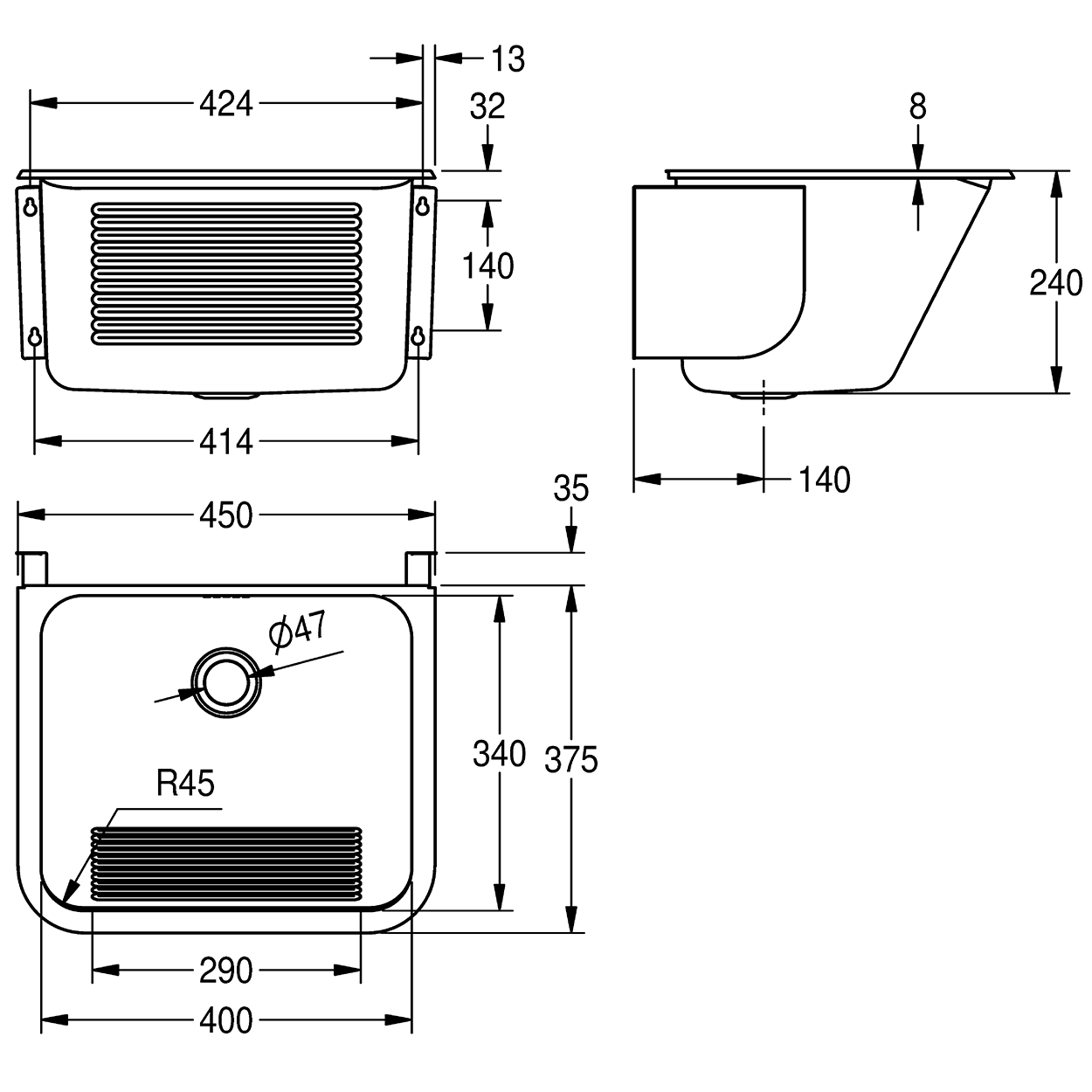 kwc Wall-mounted utility pool 450x375x240 mm