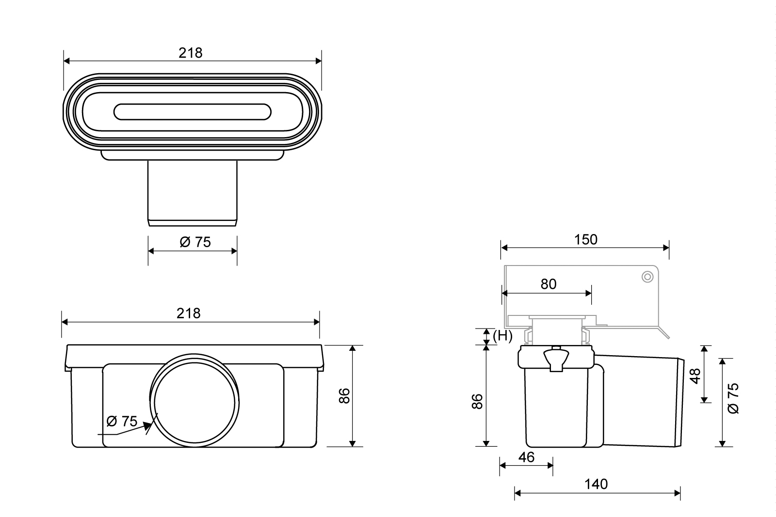 unidrain Outlet unit unidrain 1411 75mm horizont. with trap