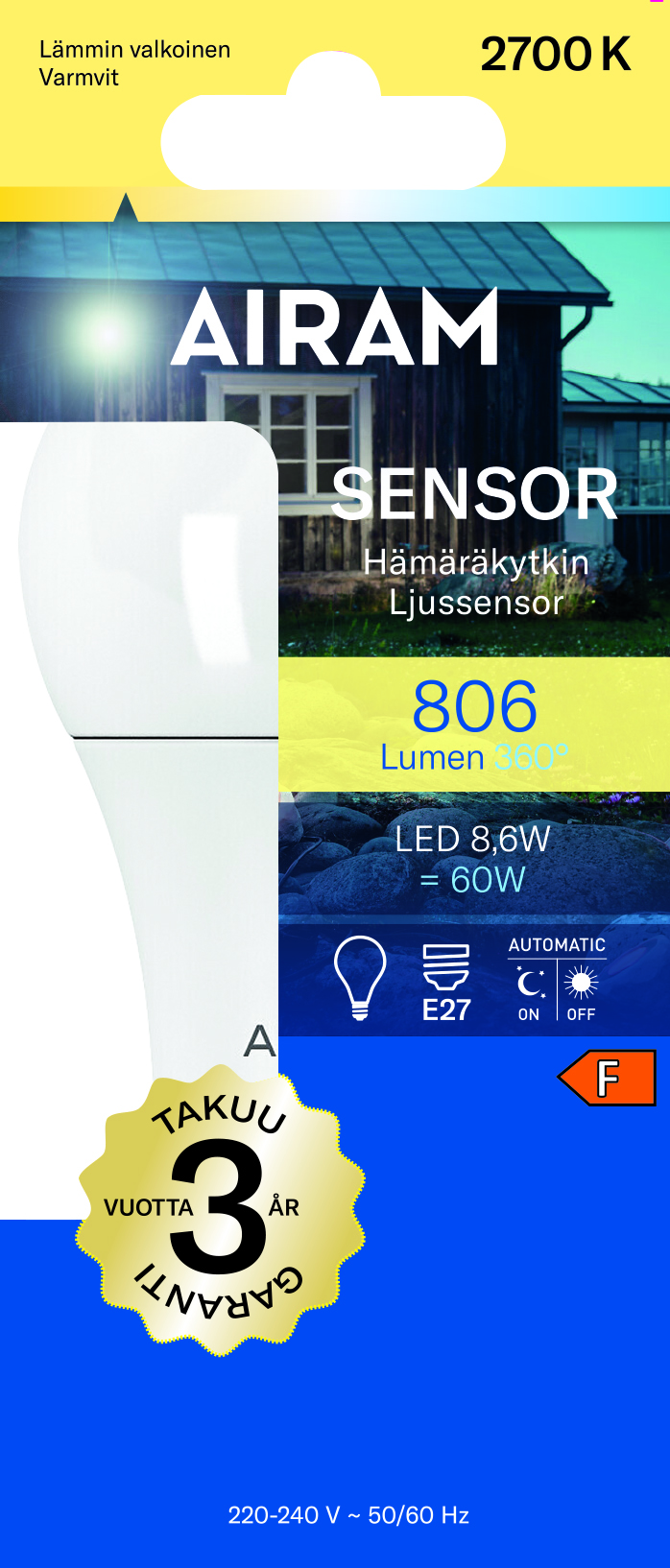 airam Led-lampa airam led a60 827 806lm e27 sensor op