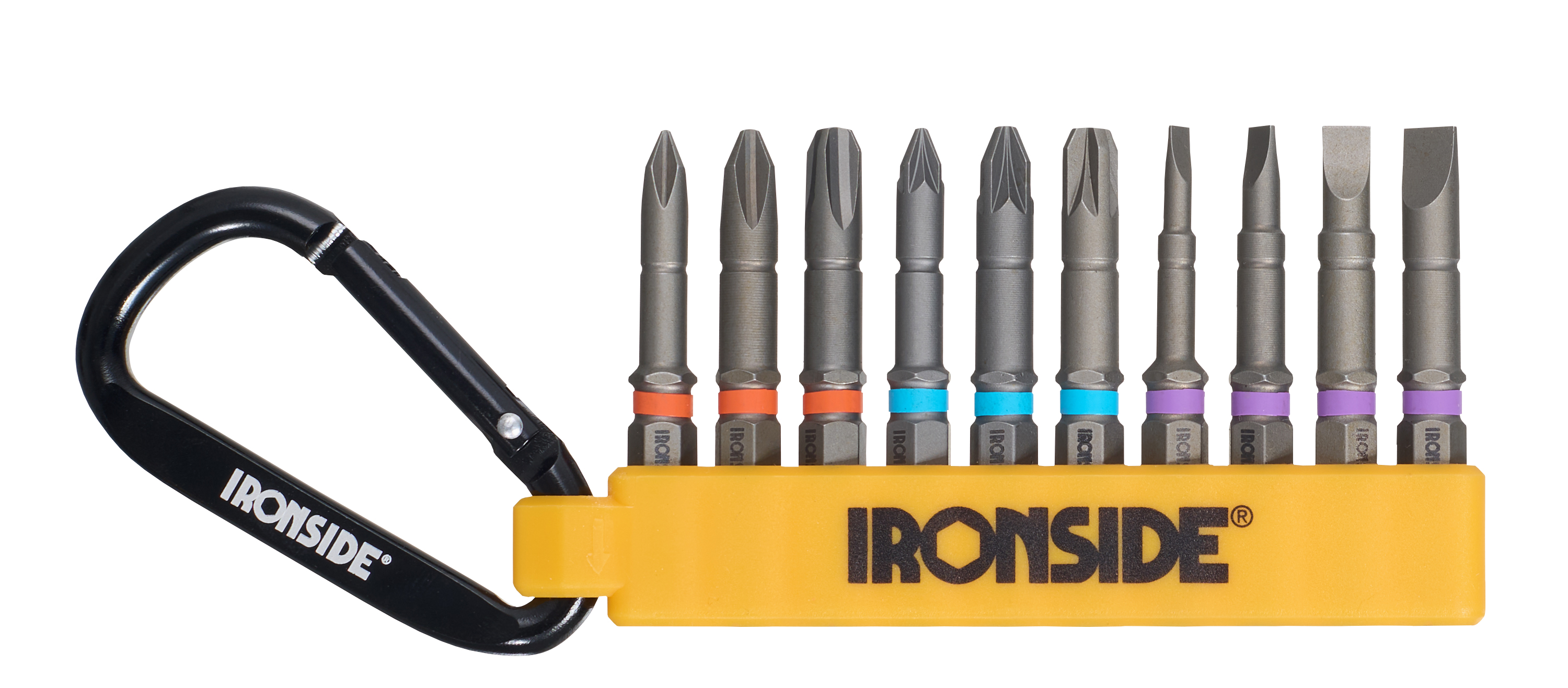 BIT SET IRONSIDE 50 MM PH, PZ SL CARABINER CLIP 10-PART