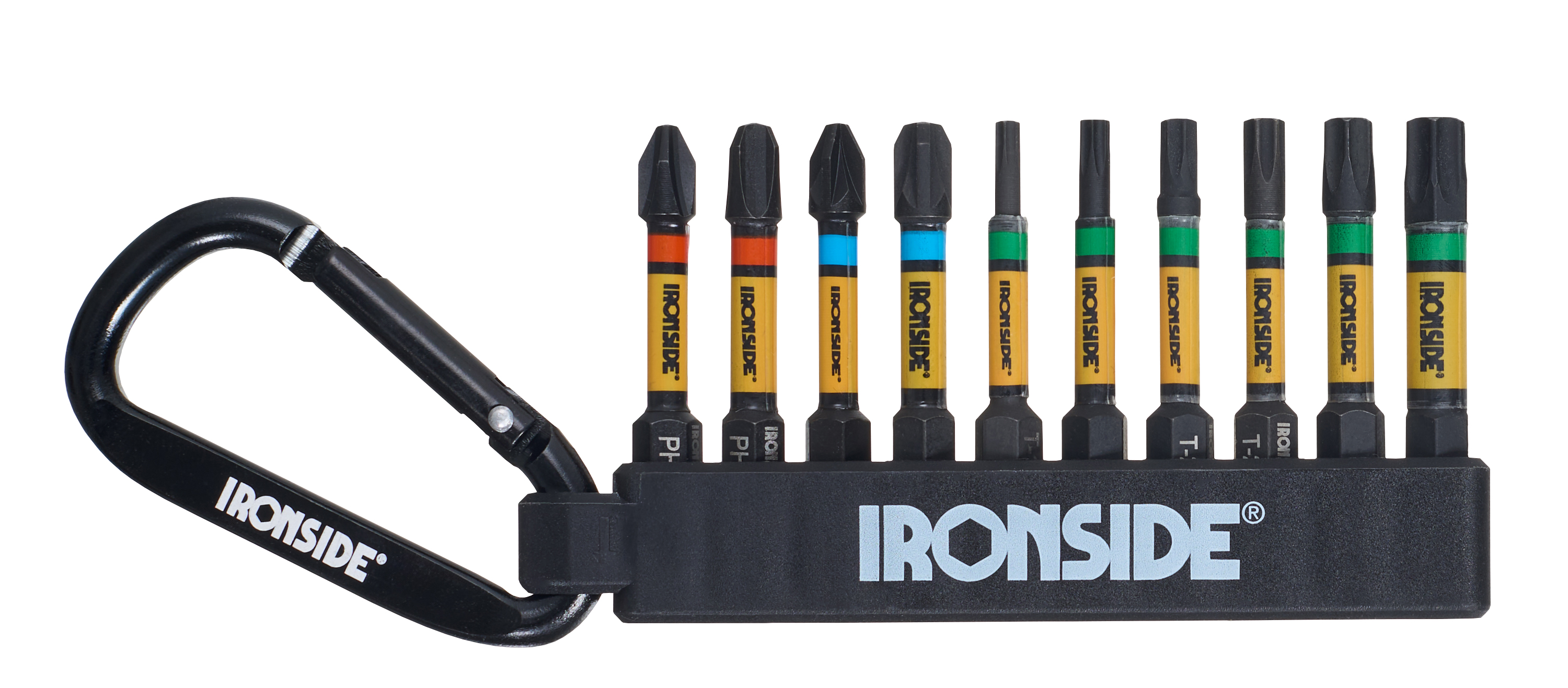 BIT SET IRONSIDE 50 MM TX, PH PZ IMPACT CARABINER 10-PART