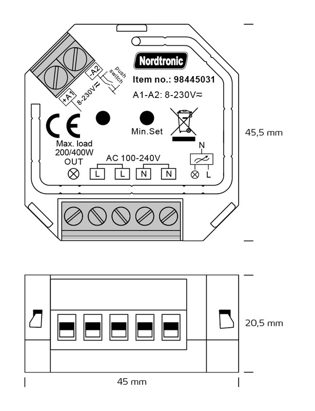 nordtronic Valonsäädin box dimmer triac 20-400w 100-240 vac ip20