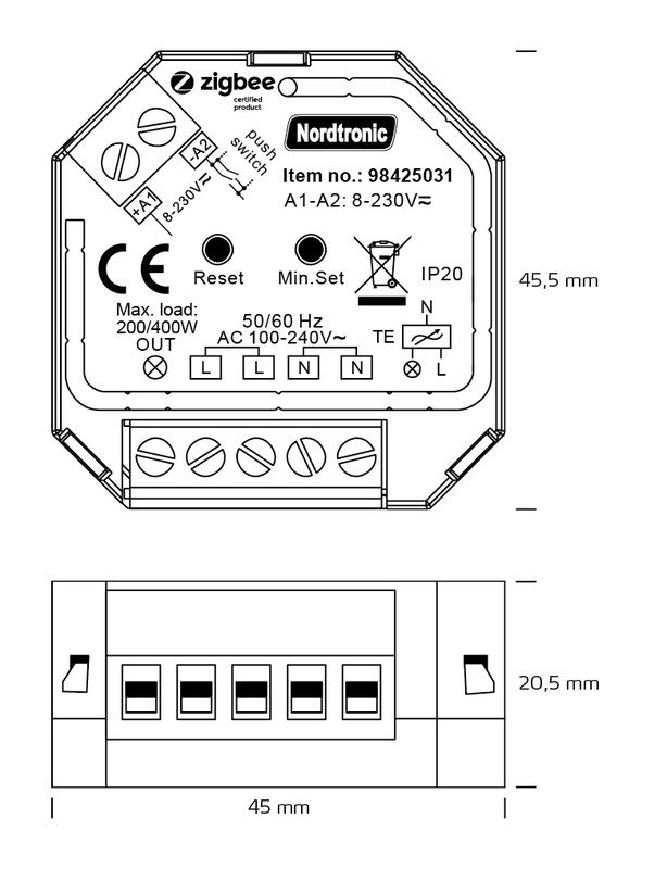 nordtronic Dimmer box dimmer zigbee 400w 100-240vac 50hz pushdim