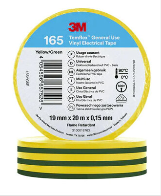 3m Electrical tape temflex 165 vinyl 19mm x 20m y/g