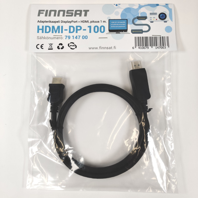 LIITOSJOHTO FINNSAT DISPLAYPORT - HDMI KAAPELI 1m