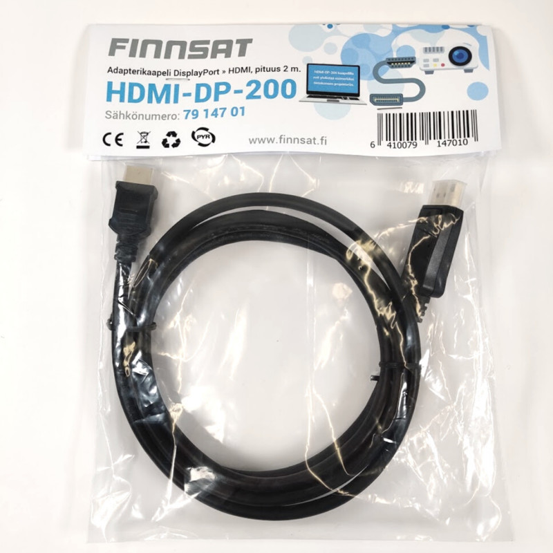 LIITOSJOHTO FINNSAT DISPLAYPORT - HDMI KAAPELI 2m