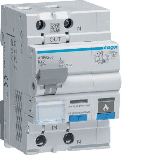 hager Arc fault detection device arf525d 1p+n b-25a/30ma 10ka