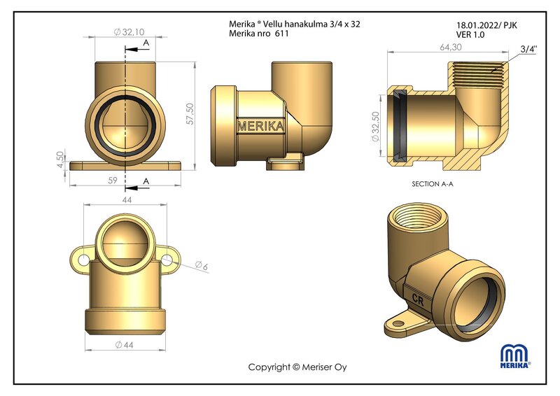 merika Draining wall elbow 3/4x32mm ft brass