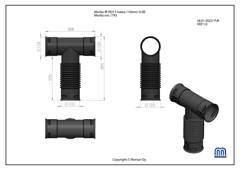 merika Sadevesiputken t-haara 110x110x0-60 astetta merika
