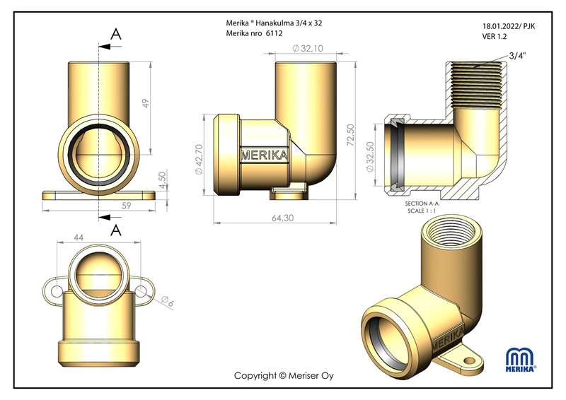 merika Drainage elbow merika 3/4x32mm vellu long brass 6112