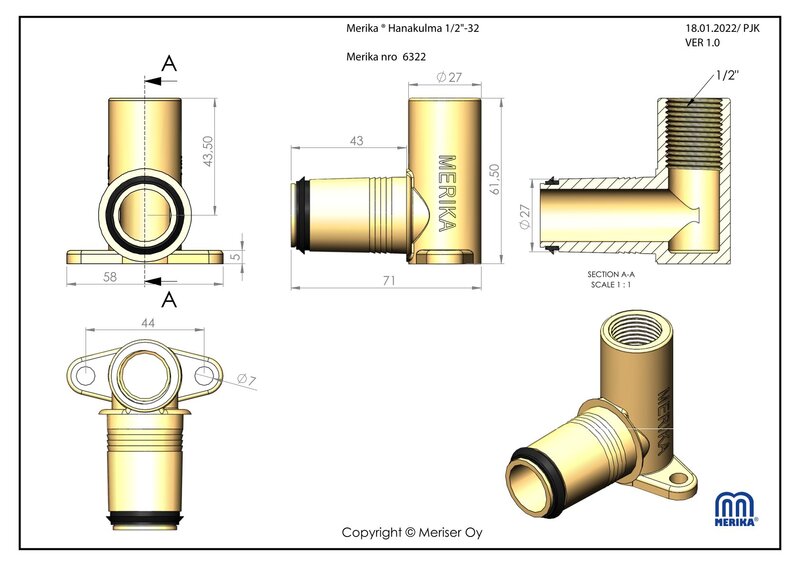 merika Drainage elbow merika 1/2x28mm maija long brass 6322
