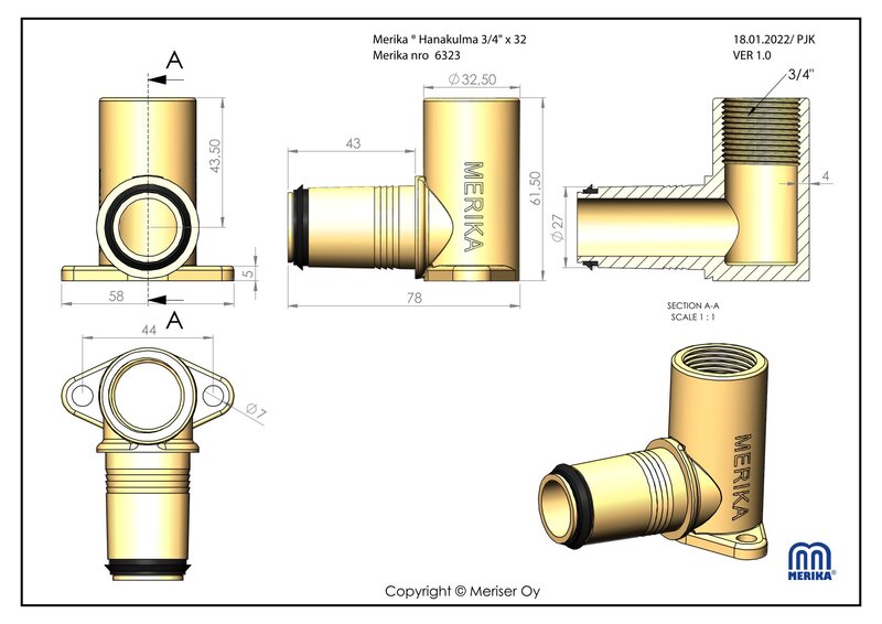 merika Drainage elbow merika 3/4x28mm maija long brass 6323