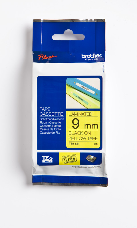 LAMINATED TAPE TZ-621, BLACK/YELLOW, 9MM/8M