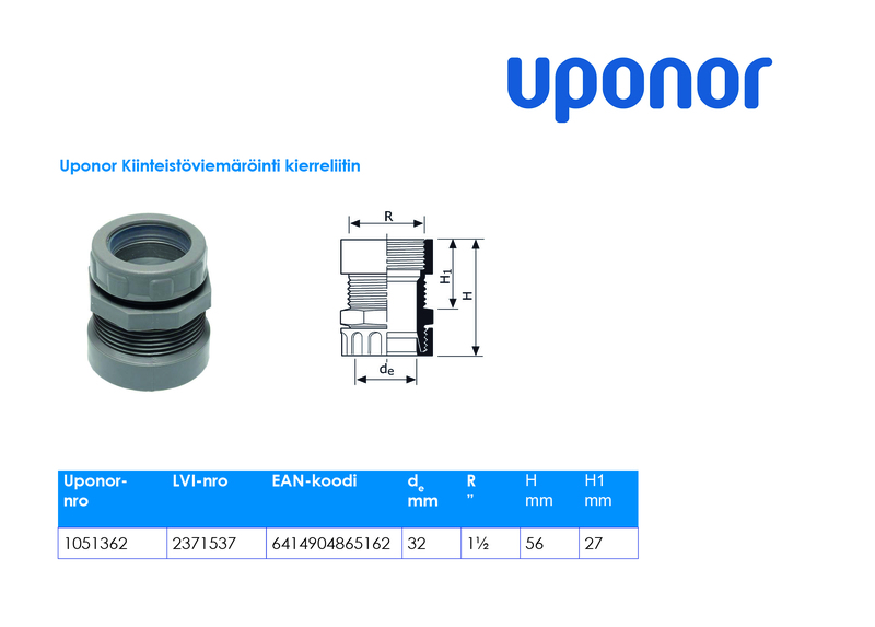 uponor Ht bsp adaptor 1 1/2x32mm ft