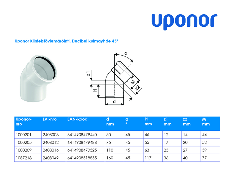 uponor Db böj decibel 110x45 pp